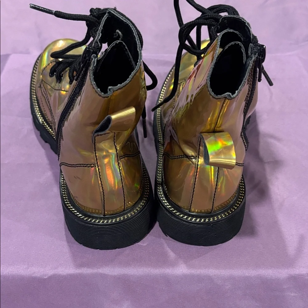 Womens Holographic Lace-Up Combat Boots - Gold Iridescent - Picture 6 of 11